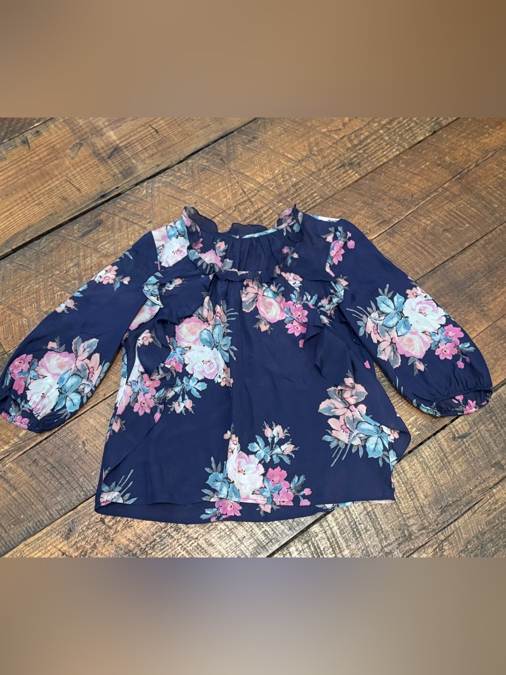 Navy Floral Silk Blouse Sz M
